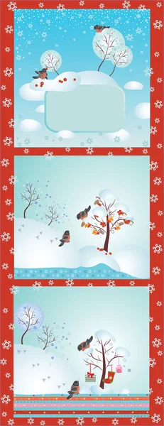 Set of winter forest with birds — Stock Vector