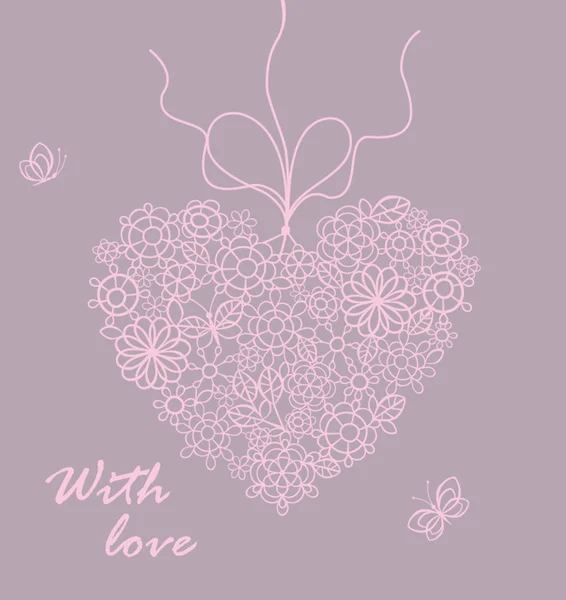 Hermosa tarjeta de felicitación con corazón de encaje rosa — Vector de stock