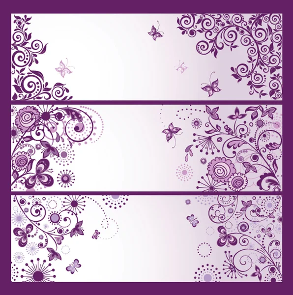 Set of horizontal violet floral greeting banners — Stock Vector