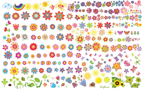 Flores de verano, sol y mariposas — Vector de stock