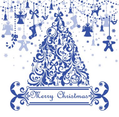 Mavi Noel ağacı ile tebrik kartı