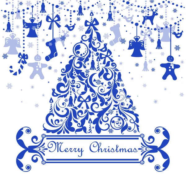 Tarjeta de felicitación con árbol de Navidad azul — Vector de stock