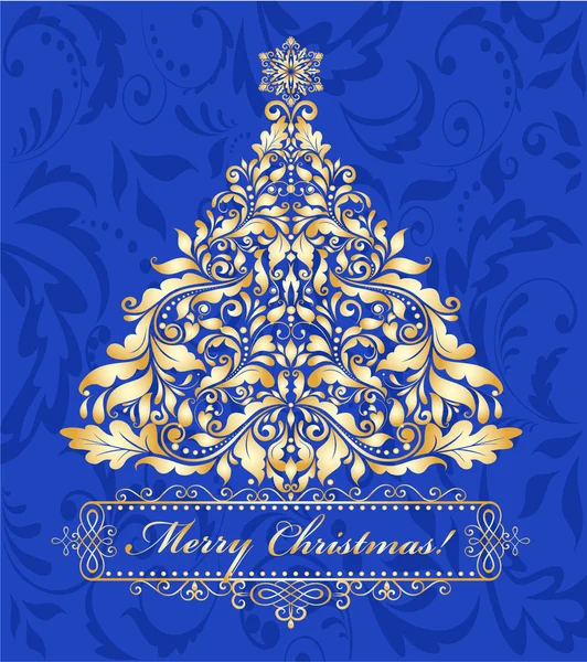 Голубая открытка с золотой елкой — стоковый вектор