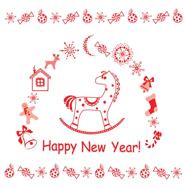 Tarjeta de felicitación de Año Nuevo con pequeño caballo rojo . — Foto de Stock