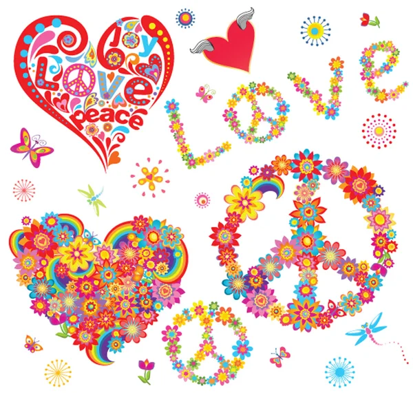 Set of peace flower symbol and floral hearts — Stock Vector