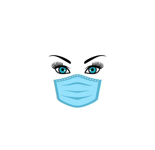 青い目の看護師の顔は 白地に隔離された大気汚染の顔のマスクで眉毛やまつ毛 医療用ウイルスマスクを身に着けている女性 コロナウイルス — ストックベクタ