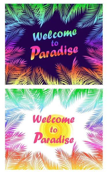 Summery Poster Variation Colorful Fan Leaved Palm Branches Frame Welcome — Stock Vector