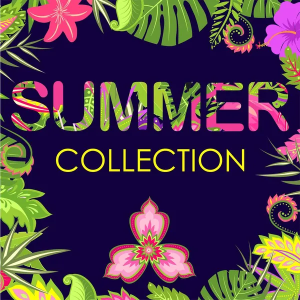 Discount Tag Summer Fashion Collection Sale Exotic Flowers Tropical Leaves — Stock Vector