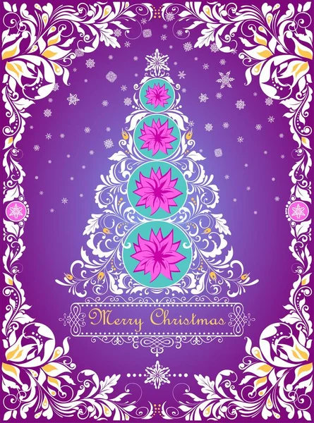 Carte Violette Ornée Vœux Noël Avec Vignette Florale Décorative Artisanale — Image vectorielle