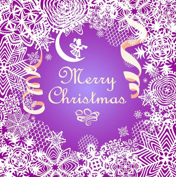 薄紫魔法のクリスマスグリーティングカードともに紙切り雪のフレームと小さな天使で三日月 — ストックベクタ