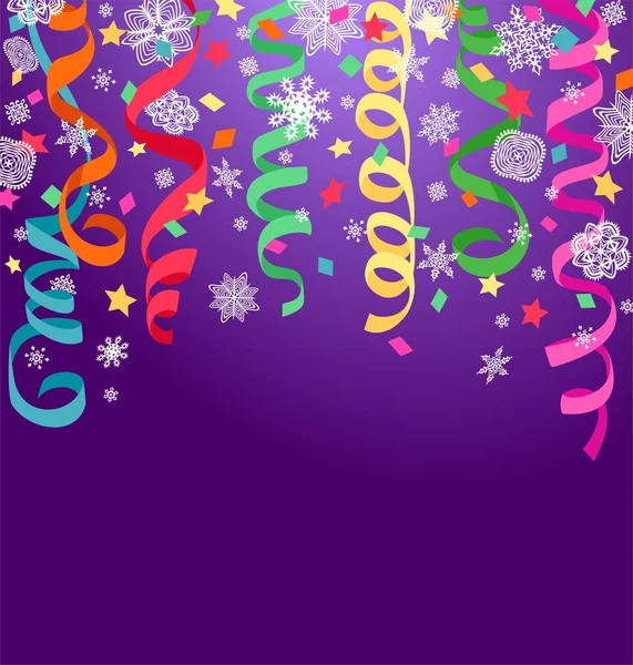 Fondo Lila Con Cintas Colgantes Colores Confeti Para Celebración Fiesta — Vector de stock