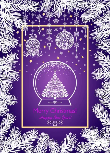 Ljus Violett Magi Julkort Med Barrträd Gren Vinjett Hängande Hantverk — Stock vektor