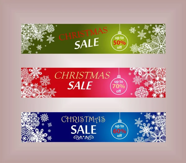 圣诞及新年网上销售的红色 蓝色及绿色横幅连剪纸雪片 — 图库矢量图片