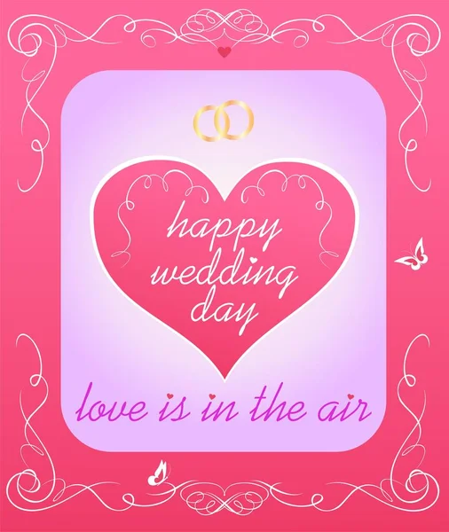 Esküvői Üdvözlőlap Vagy Meghívó Rózsaszín Szív Alakú Arany Gyűrűk Pár — Stock Vector