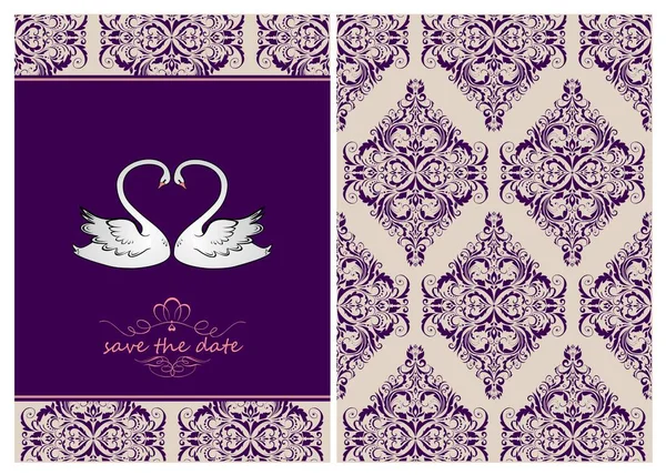 Tarjeta Vintage Con Precioso Par Cisnes Para Invitación Boda Ceremonia — Vector de stock