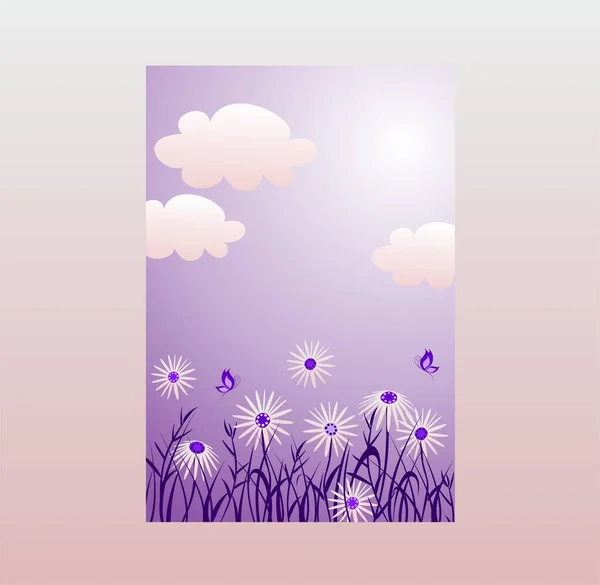デイジーと雲と紫の色の抽象的な背景 テキストのための場所と垂直Webバナー — ストックベクタ