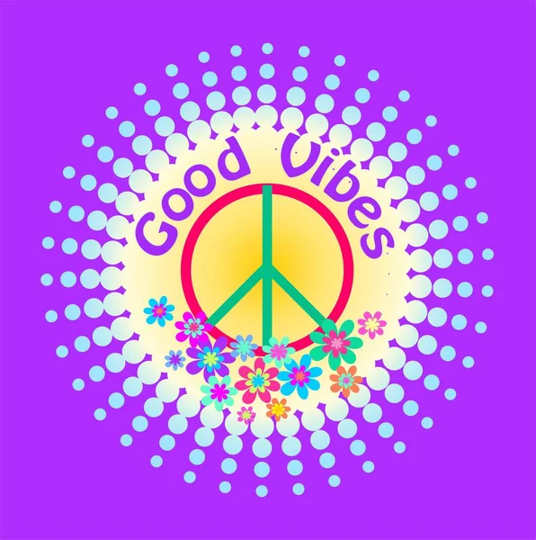 70或60年代复古嬉皮士美好生活的标语 艳丽的花朵力量与和平的象征印刷 T恤衫的设计 海报和紫色背景的贴纸 — 图库矢量图片