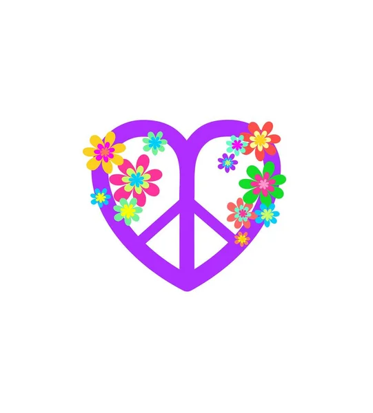 Signo Violeta Paz Hippie Forma Corazón Colorido Poder Flores Sobre — Vector de stock