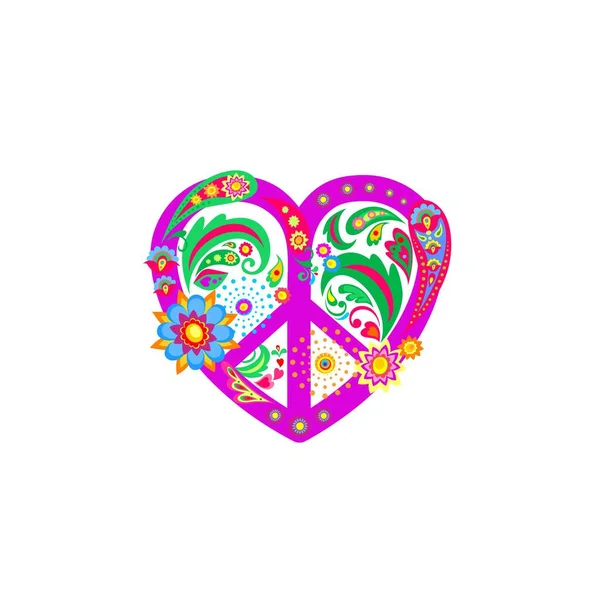 印有嬉皮士和平紫色心形符号的T恤衫图案 白色背景上的抽象装饰叶 花和衬里 — 图库矢量图片