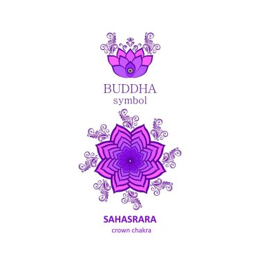 Buda sembolü güzel gül ve menekşe nilüfer ve Sahasrara 7. taç çakra sembolü logo şablonu için çiçek süslemesi, yoga merkezi, Ayurveda, meditasyon. Mandala