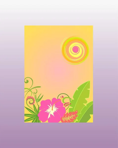 Summery Vertical Poster Tropical Plans Banana Leaves Hibiscus Flower Hot — Stockvektor