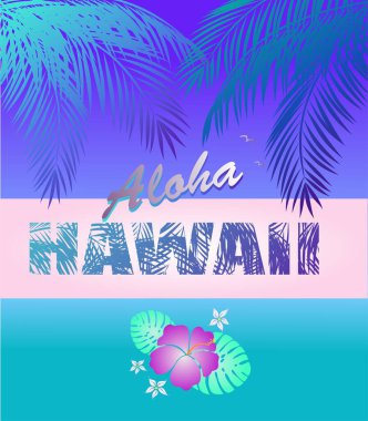 Paradise print t shirt typography design with Aloha Hawaii lettering, coconut palm branches, tropical flowers on neon blue background