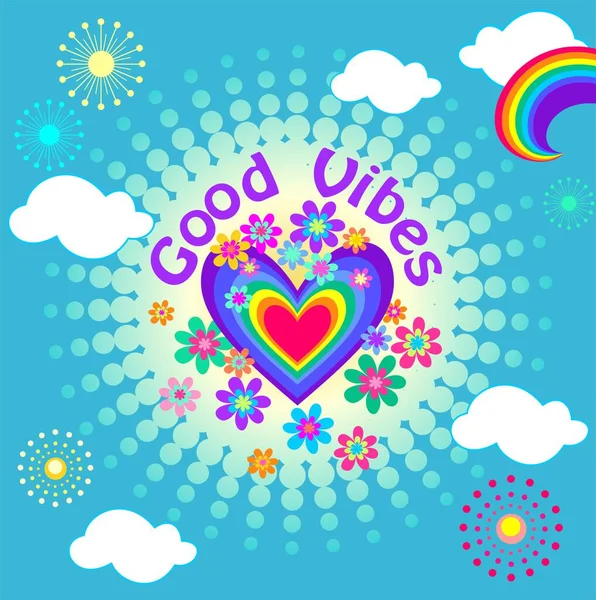 70S 60S Retro Hippie Good Vibes Slogan Colorful Flower Power — Stok Vektör
