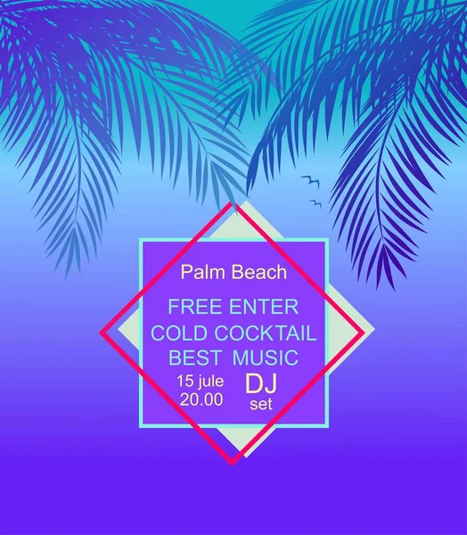 Blue Flyer Summer Night Beach Party Invitation Coconut Palm Branches Ilustração De Bancos De Imagens