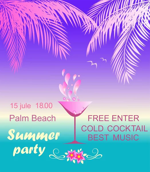 Neon Poster Summer Beach Party Invitation Coconut Palm Leaves Martini Ilustrações De Bancos De Imagens Sem Royalties