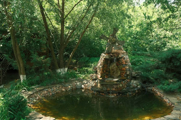 Old Traditional Ukrainian Wooden Windmill Forest Artificial Lake — Foto de Stock