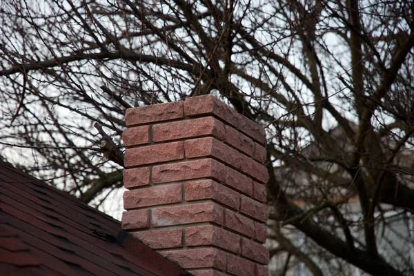 Brick Chimney Roof House Trees — Zdjęcie stockowe