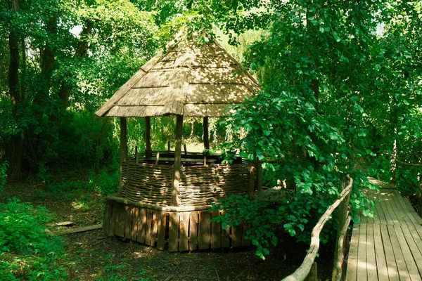 Old wooden well in the forest. Ancient well among green trees