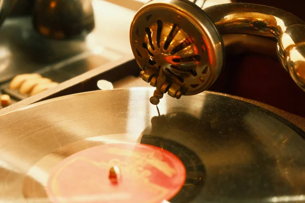 Close Gramophone Record Close Turntable Vinyl Discs Gramophone Needle Head — Stockfoto
