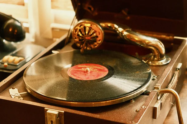Close Gramophone Record Close Turntable Vinyl Discs Gramophone Needle Head — Stockfoto