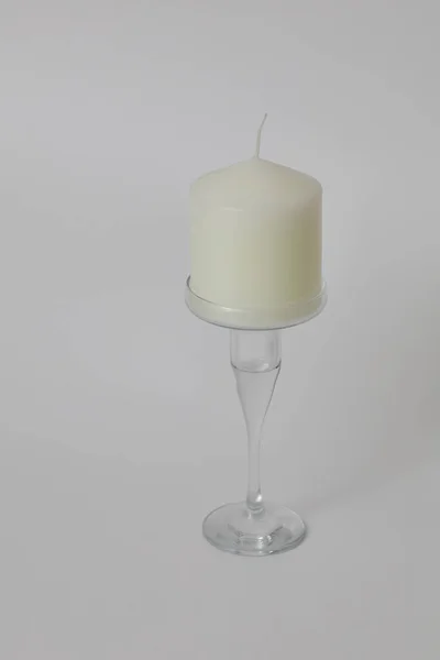White Romantic Candle Transparent Glass Holder White Candle Transparent Stem — Stockfoto