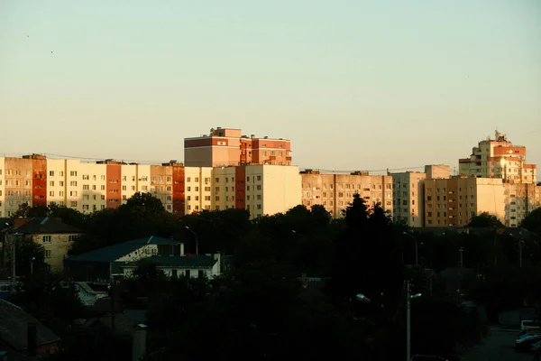 View City Window Apartment Sunset City View Window Houses Trees — Stock Photo, Image