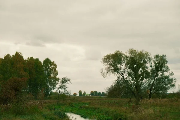 A beautiful landscape - a river, a green field, trees and hills in the distance. Beautiful rural landscape away from the cities.