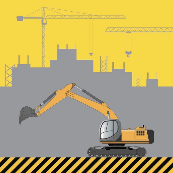 Kazıcı Nşaat Halindeki Bir Binanın Arka Planında Inşaat Makineleri Var — Stok Vektör