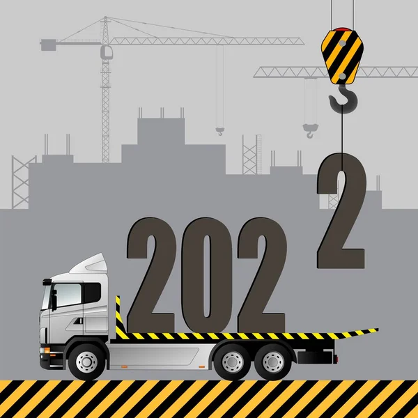 Yeni yıl kartı, 2022. Bir vinç yeni yıl figürlerini bir kamyona yüklüyor. Düz vektör illüstrasyonu.