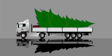 Mutlu noeller ve mutlu yıllar. Yarı römorklu modern Avrupalı bir traktör bayram için bir Noel ağacı taşıyor. Yerdeki yansıma.