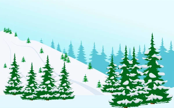 Paisagem Inverno Com Floresta Nevada Declive Montanha Ilustração Vetorial Plana — Vetor de Stock