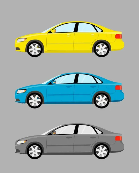 Set Von Vektorbildern Eines Personenwagens Verschiedenen Farben Flache Vektorabbildung — Stockvektor