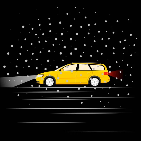 Автомобиль Движется Ночью Время Снегопада Плоская Векторная Иллюстрация — стоковый вектор
