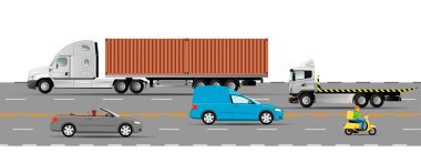 Otobanda trafik vardı. Yoldaki çeşitli araçlar. Kamyon traktörü, minibüs, üstü açık araba, çekici, motosiklet. Düz vektör illüstrasyonu.