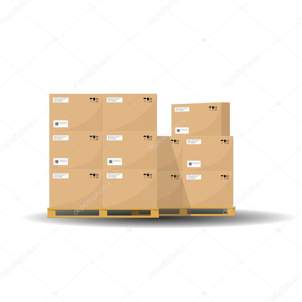Cardboard boxes on a wooden pallet. Warehouse storage, logistics, transportation. Flat vector illustration.