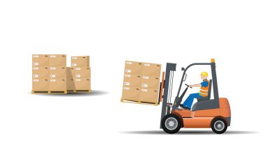Sürücü paletleri kutularla taşıyan endüstriyel bir forklift. Teslimat, lojistik ve mal teslimatı. Düz vektör illüstrasyonu.