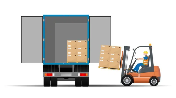 Paletas Carga Carretilla Elevadora Con Cajas Cartón Vista Trasera Logística — Vector de stock