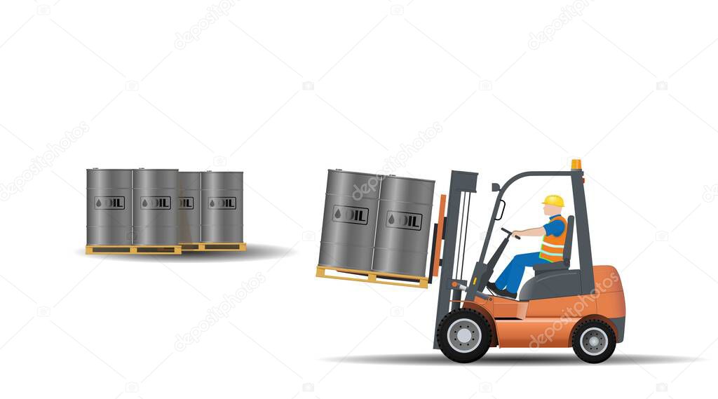 An industrial forklift with a driver transports pallets of fuel in barrels. Delivery, logistics and delivery of goods. Flat vector illustration.