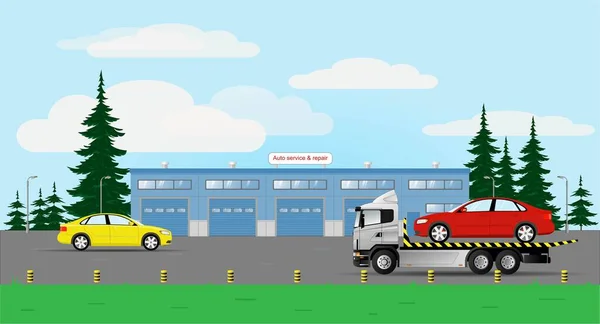 Car Service Repair Building Delivery Faulty Car Tow Truck Flat — Stockvektor