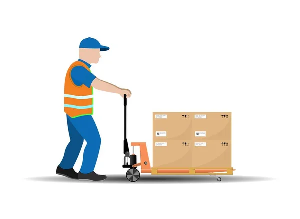 Manual hydraulic pallet truck, the worker moves the load. Storage equipment. Vector illustration. — Vetor de Stock